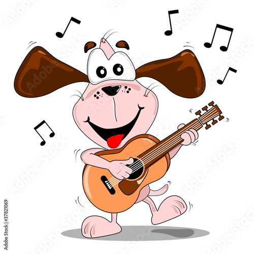 A cartoon dog playing music & dancing with a guitar