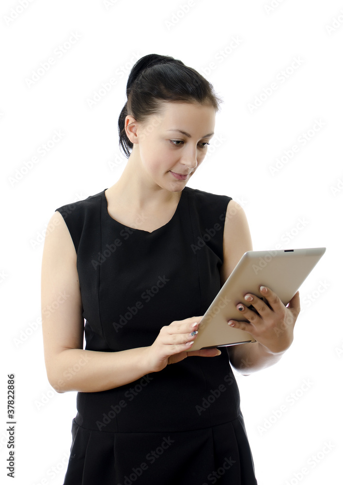 Woman holding tablet computer, isolated on white Woman holding tablet computer, isolated on white