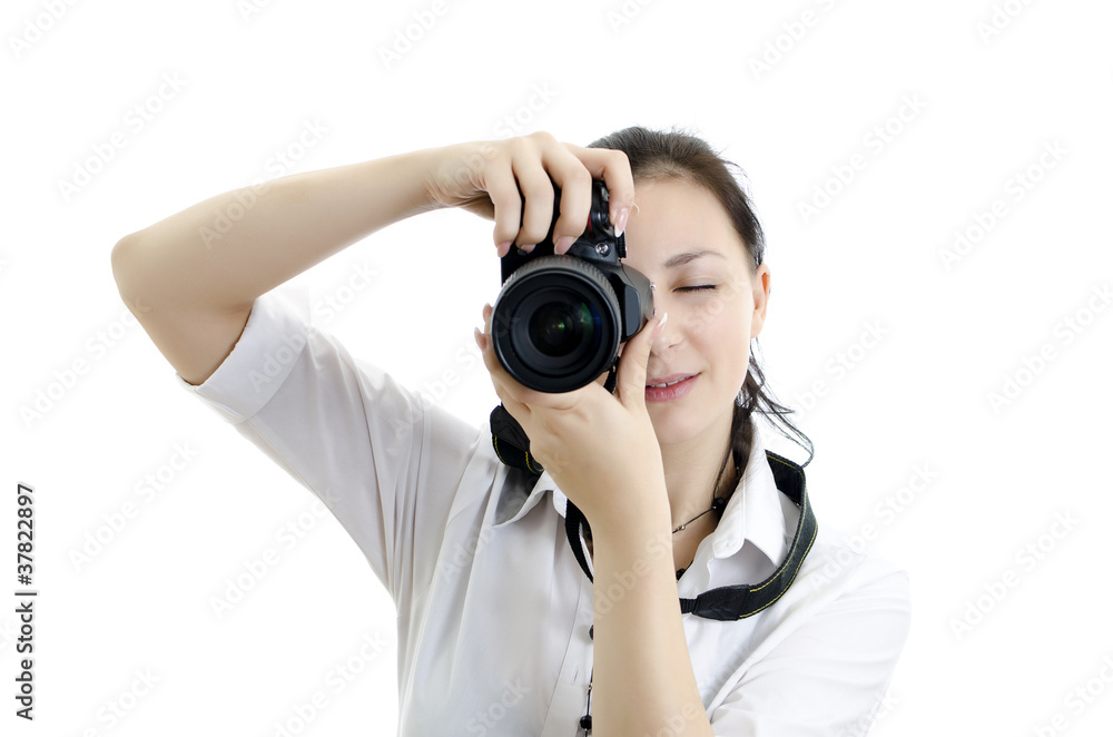young brunette girl with photocamera, isolated young brunette girl with photocamera, isolated