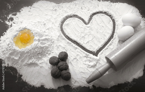 heart shaped flour and eggs