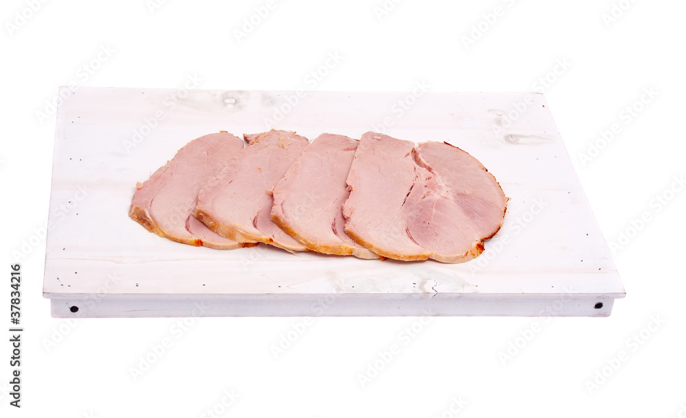 Cutting of boiled pork on white wooden board, isolated Cutting of boiled pork on white wooden board, isolated