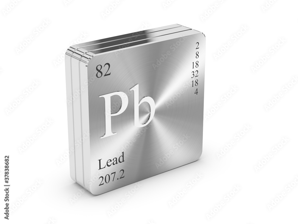 Lead - element of the periodic table on metal steel block