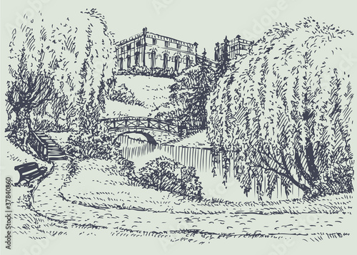 Vector landscape. Palace park with a bench near river