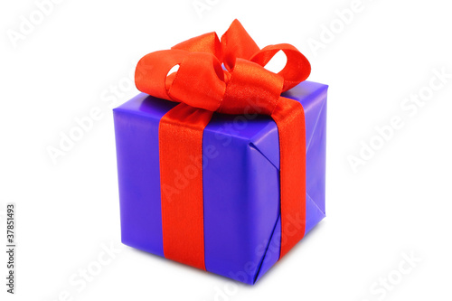 Blue present box with red bow on a white background