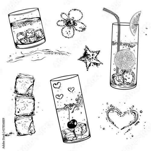 Wasser, water, Gläser, Eiswürfel, vector set