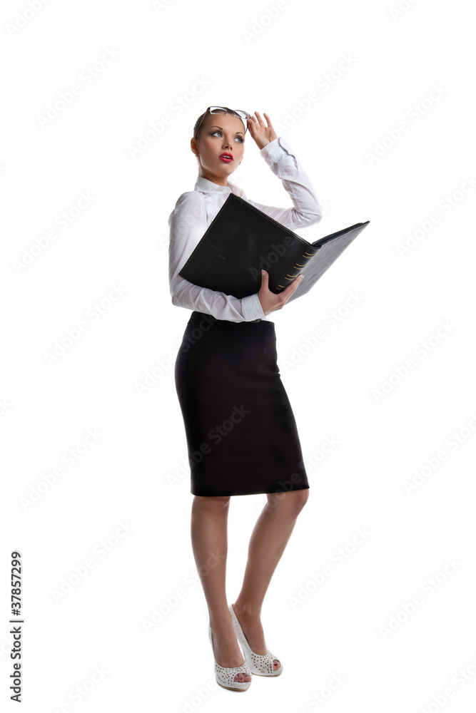 Sexy business woman stand with big ledger book