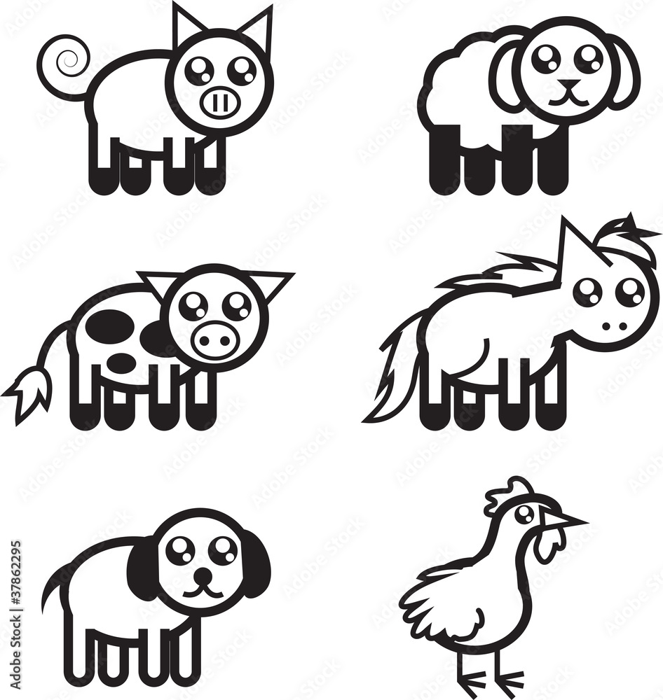 Set of black and white farm animal outlines
