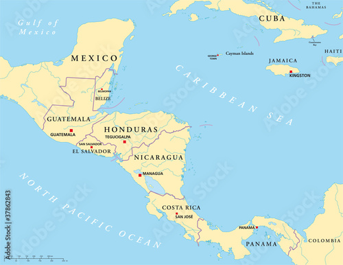 Central America political map with capitals, national borders, rivers and lakes. Illustration with English labeling and scaling. Vector.