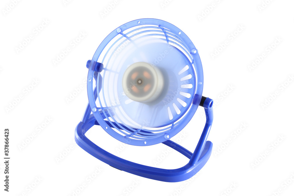 Blue plastic frame electric fan spinning on white background. Blue plastic frame electric fan spinning on white background.