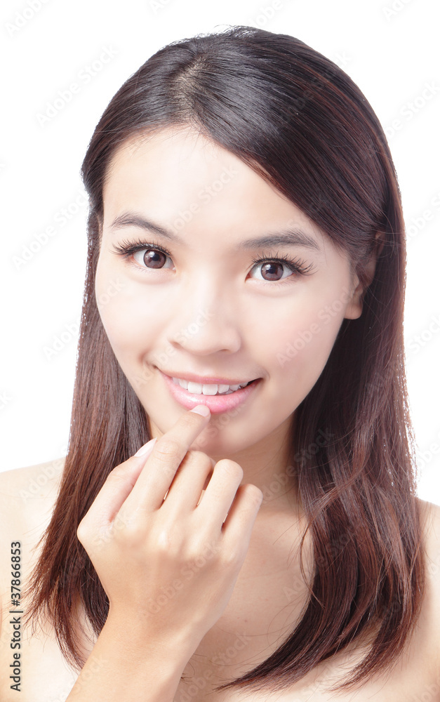 Beautiful woman smile face touch her lips Beautiful woman smile face touch her lips