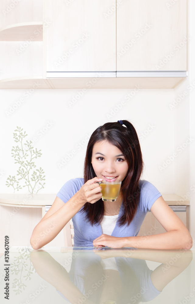 Beauty woman relax drink tea with home background Beauty woman relax drink tea with home background