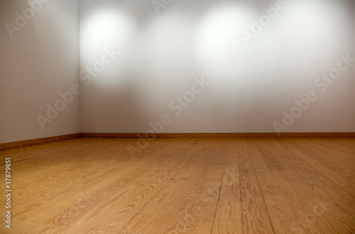 Empty white wall with spot lights and wooden floor