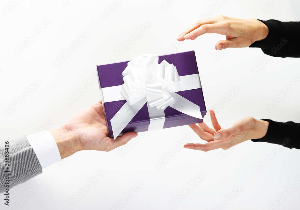 guy giving a girl a valentine gift, top view, white background guy giving a girl a valentine gift, top view, white background