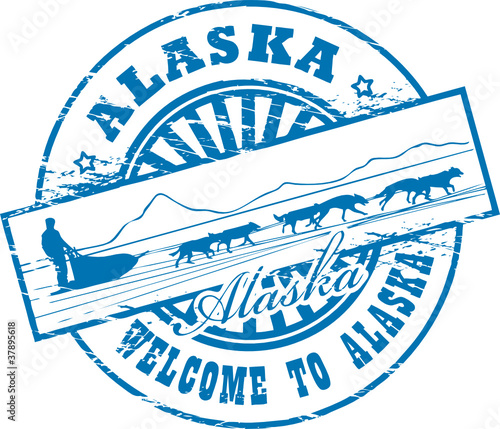 Stamp with Dog Sled and name of Alaska, vector
