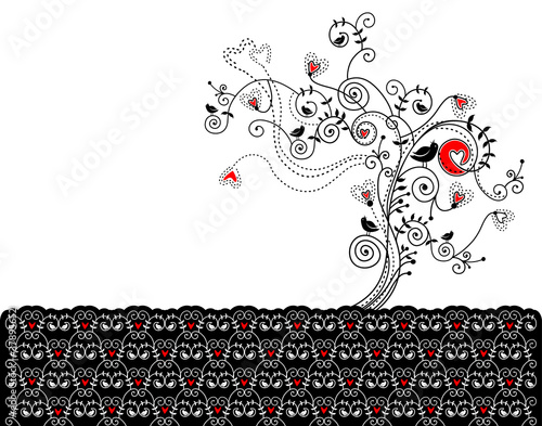 Vector illustration with a tree hearts and birds