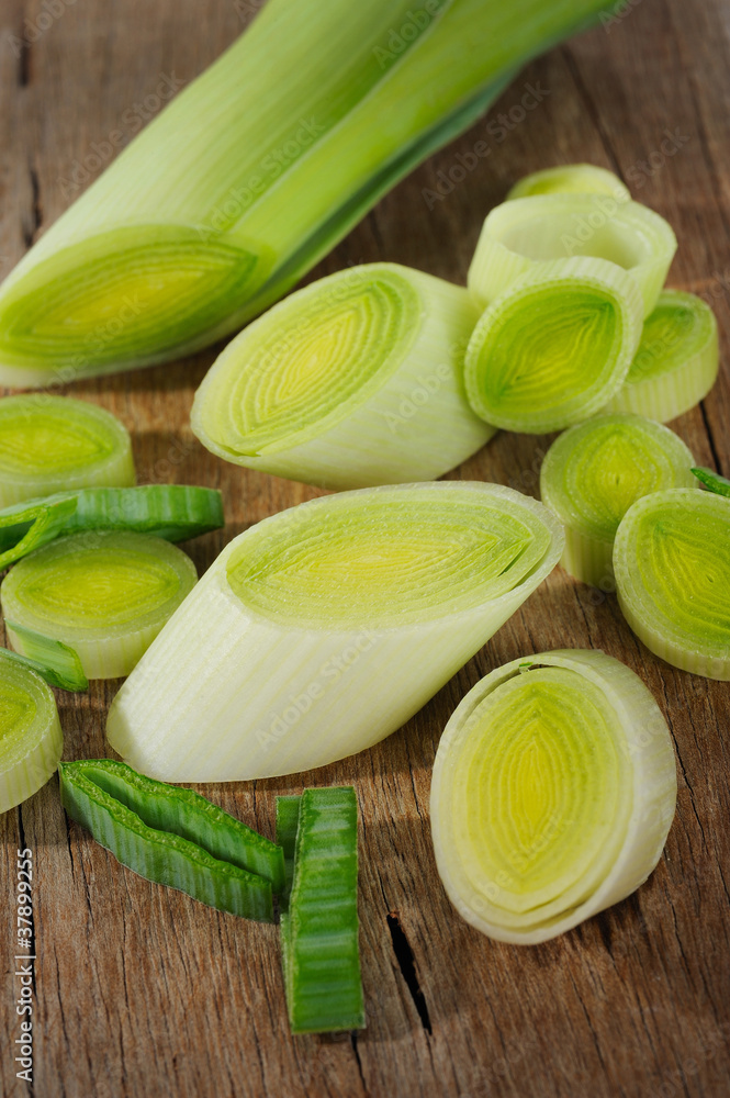Sliced Leeks on wooden Sliced Leeks on wooden