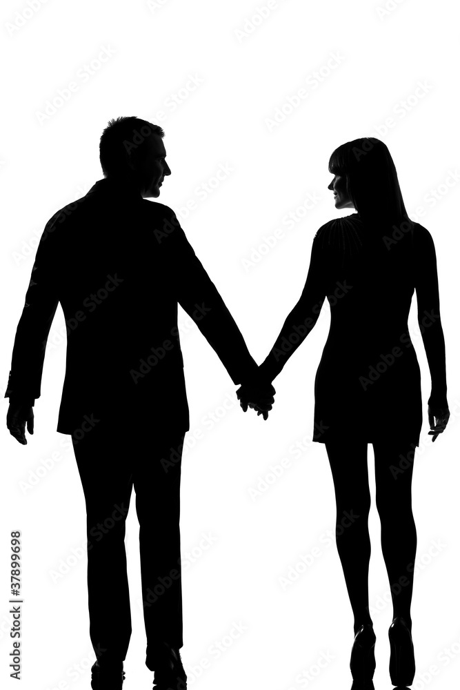 rear view one lovers couple man and woman walking hand in hand