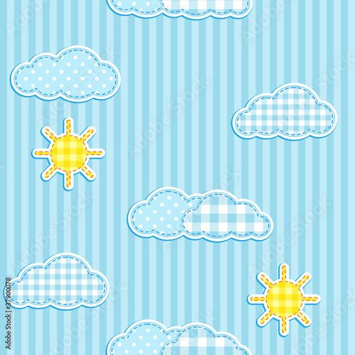 Blue seamless pattern with cute clouds and sun #37900078