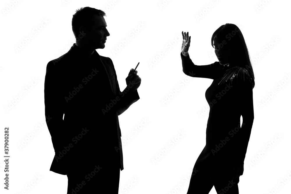 one couple man smoking cigarette and woman disturbed one couple man smoking cigarette and woman disturbed