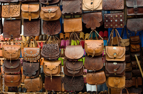 Leather bags on street market in Morocco