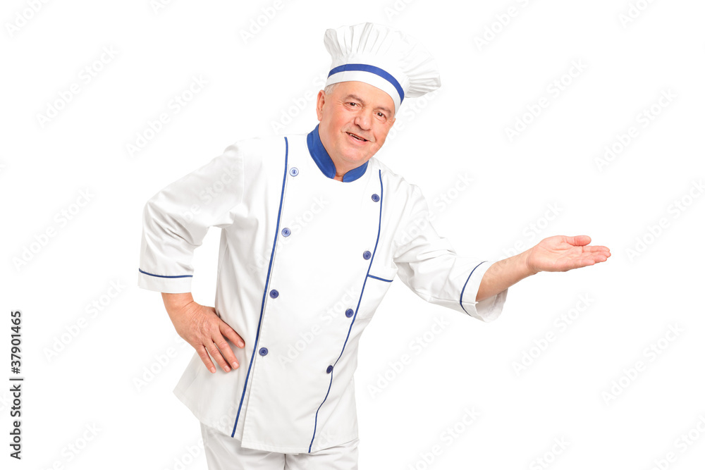 Portrait of smiling chef gesturing welcome Portrait of smiling chef gesturing welcome