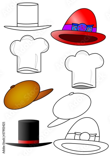 The various hats and caps as coloring books for children