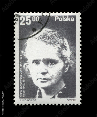 phisicist Marie Sklodowska-Curie,radioactivity radioactivity observer, science explorer, radium founder, postal stamp of Poland isolated on black background.
