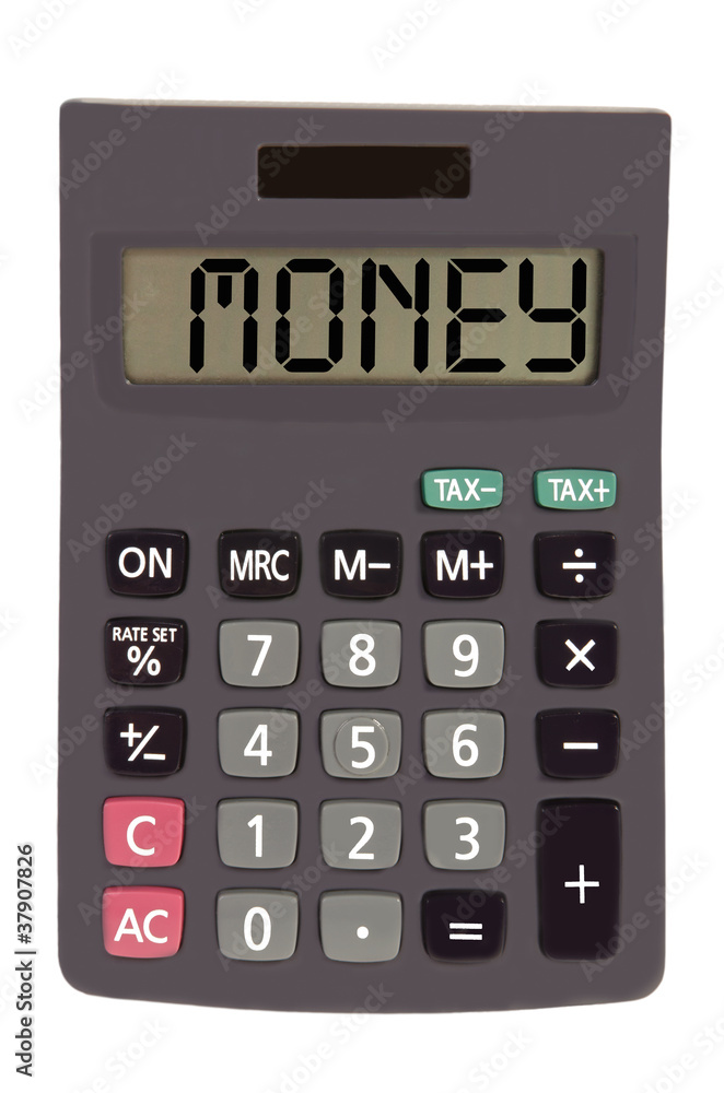 Old calculator on white background showing text Old calculator on white background showing text