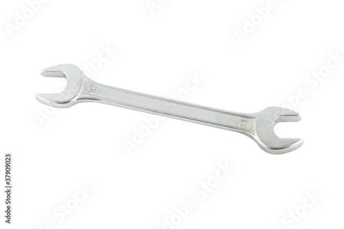 Stainless steel wrench on white background.