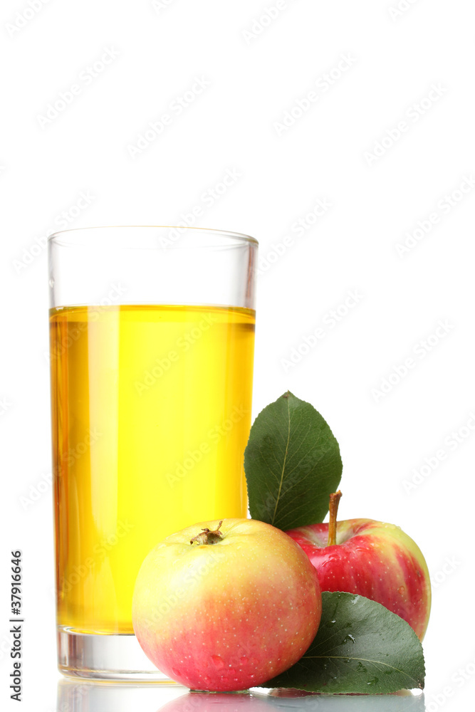 Delicious apple juice in glass and apples isolated on white Delicious apple juice in glass and apples isolated on white