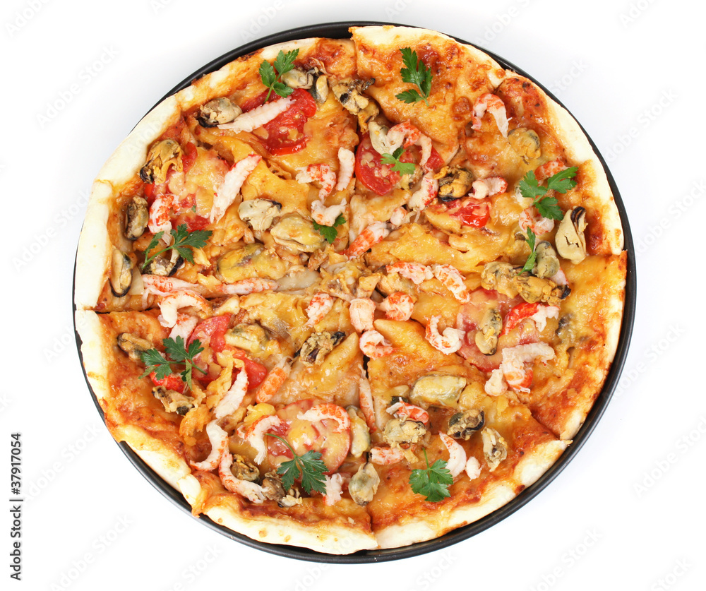 Delicious pizza with seafood on plate isolated on white Delicious pizza with seafood on plate isolated on white