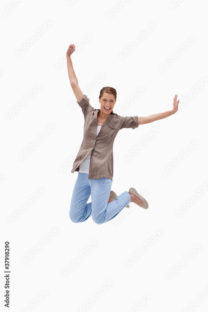 Cheerful woman jumping