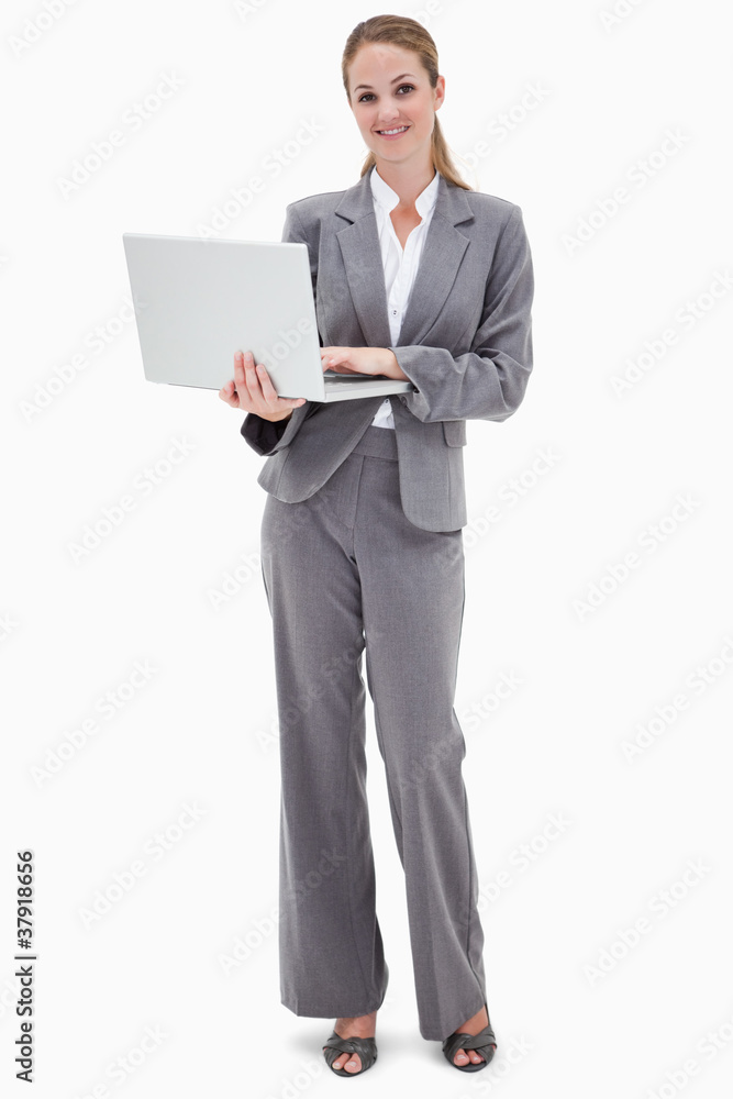 Smiling bank employee with laptop Smiling bank employee with laptop