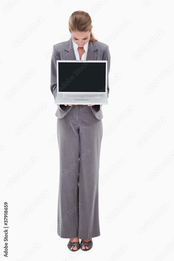Bank employee presenting her laptop Bank employee presenting her laptop
