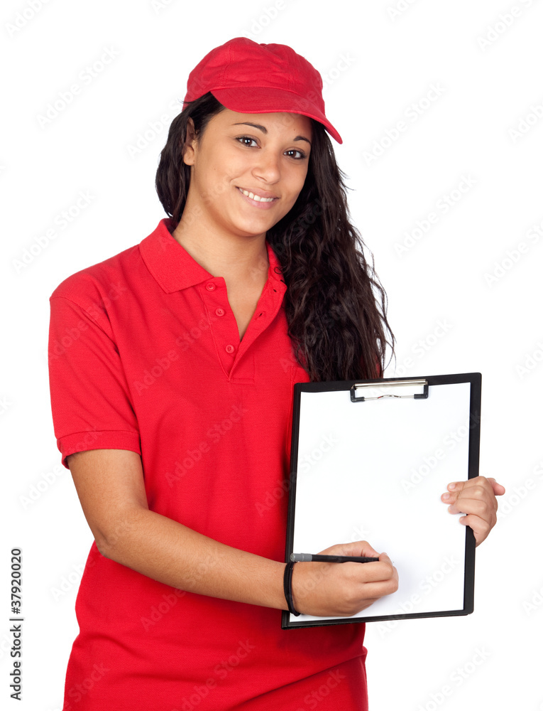 Young worker with red uniform Young worker with red uniform