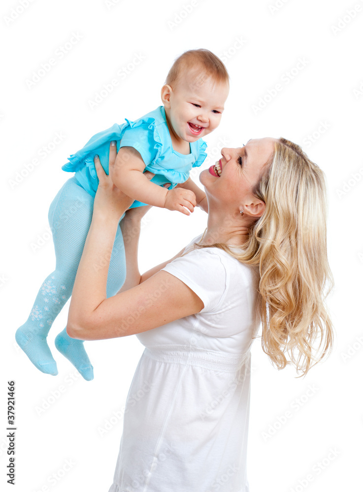 mother holding cute baby over white background