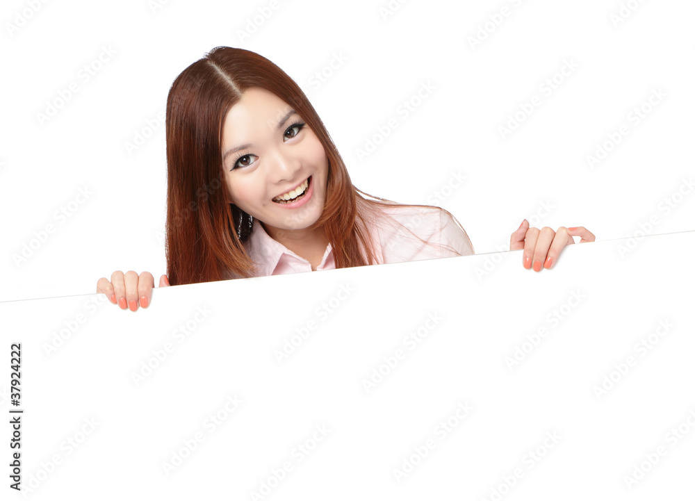 Young Business Woman Happy Smile Showing blank billboard Young Business Woman Happy Smile Showing blank billboard