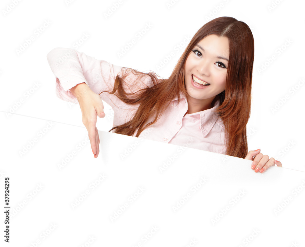 Young Business Woman Happy Smile Showing blank billboard Young Business Woman Happy Smile Showing blank billboard