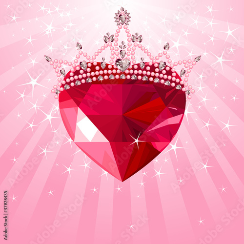Crystal heart with crown on radial background