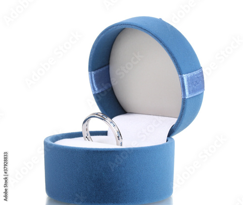 beautiful ring with blue gem in bag isolated on white