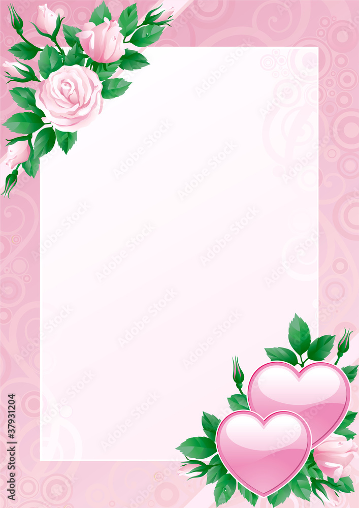 ornate valentines card of Hearts and pink roses