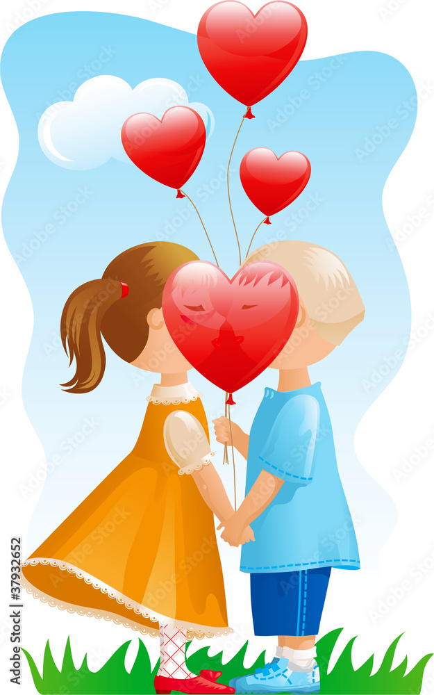 Kiss. Vector of boy and girl with balloons-hearts Kiss. Vector of boy and girl with balloons-hearts