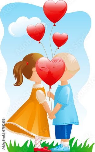 Kiss. Vector of boy and girl with balloons-hearts