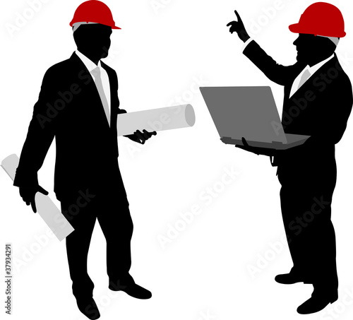 business people with hardhat holding laptop and plans