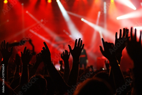 raised hands at rock concert