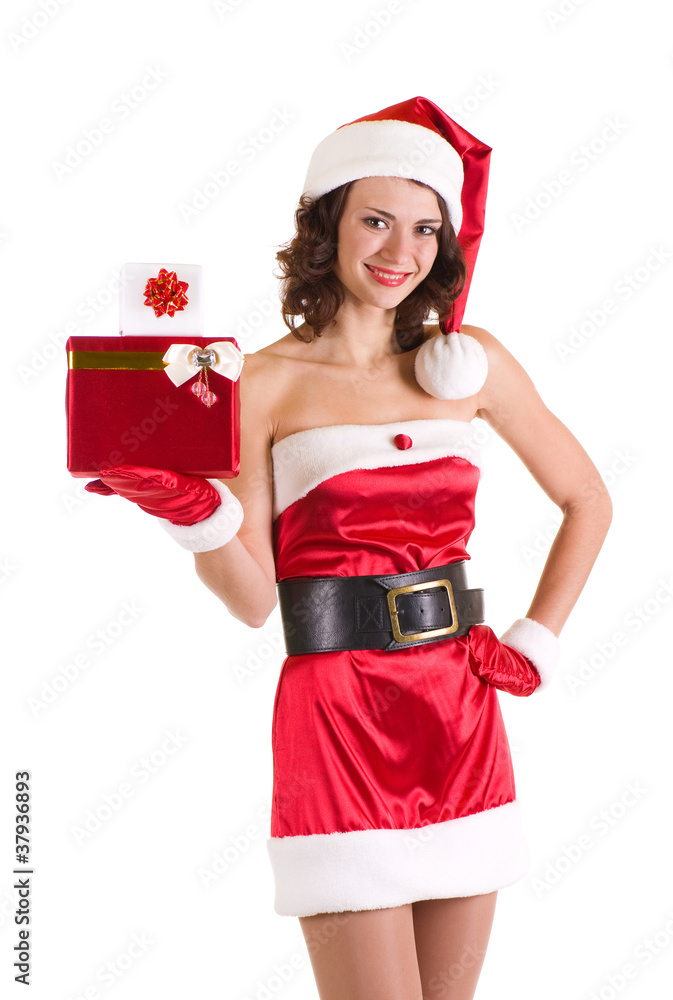 Beautiful young girl in Santa Claus clothes with gifts Beautiful young girl in Santa Claus clothes with gifts
