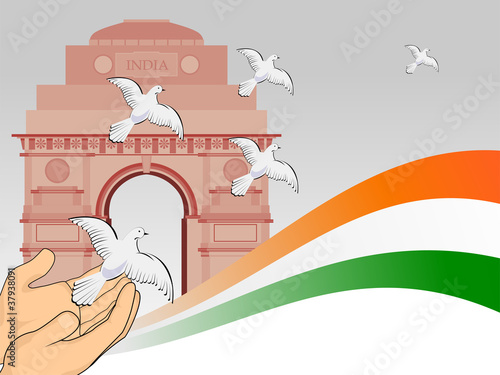 A scene of republic day with flying pigeon in front of India get