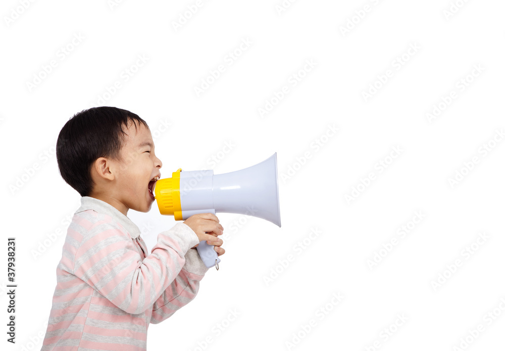 asian kid shouts something into the megaphone asian kid shouts something into the megaphone