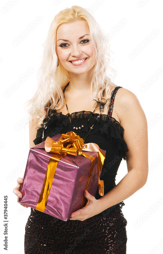 Beautiful woman with present box, white background