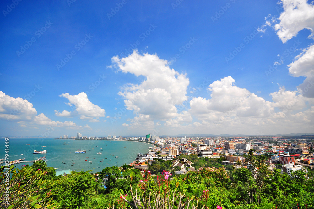 Pattaya birdview, landscape from viewpoint of Pattaya city in Chonburi, Thailand. Pattaya is a popular place for tourists both Thais and foreigners.